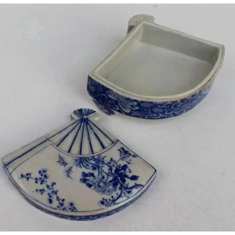 Vintage Antique Porcelain Asian Japanese Asahi Fan Trinket Footed Jewelry Box